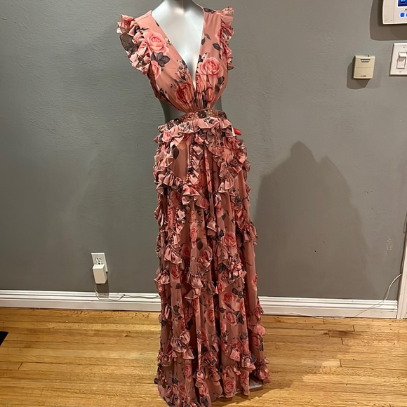 Mac Duggal RUFFLED CUT OUT CAP SLEEVE V NECK GOWN 9152 Rose Multicolor - Picture 10 of 17